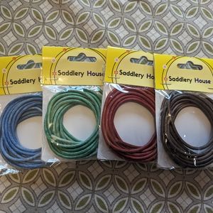 Four round leather chords  blue, brown, and green and red  Saddlery House 3MM